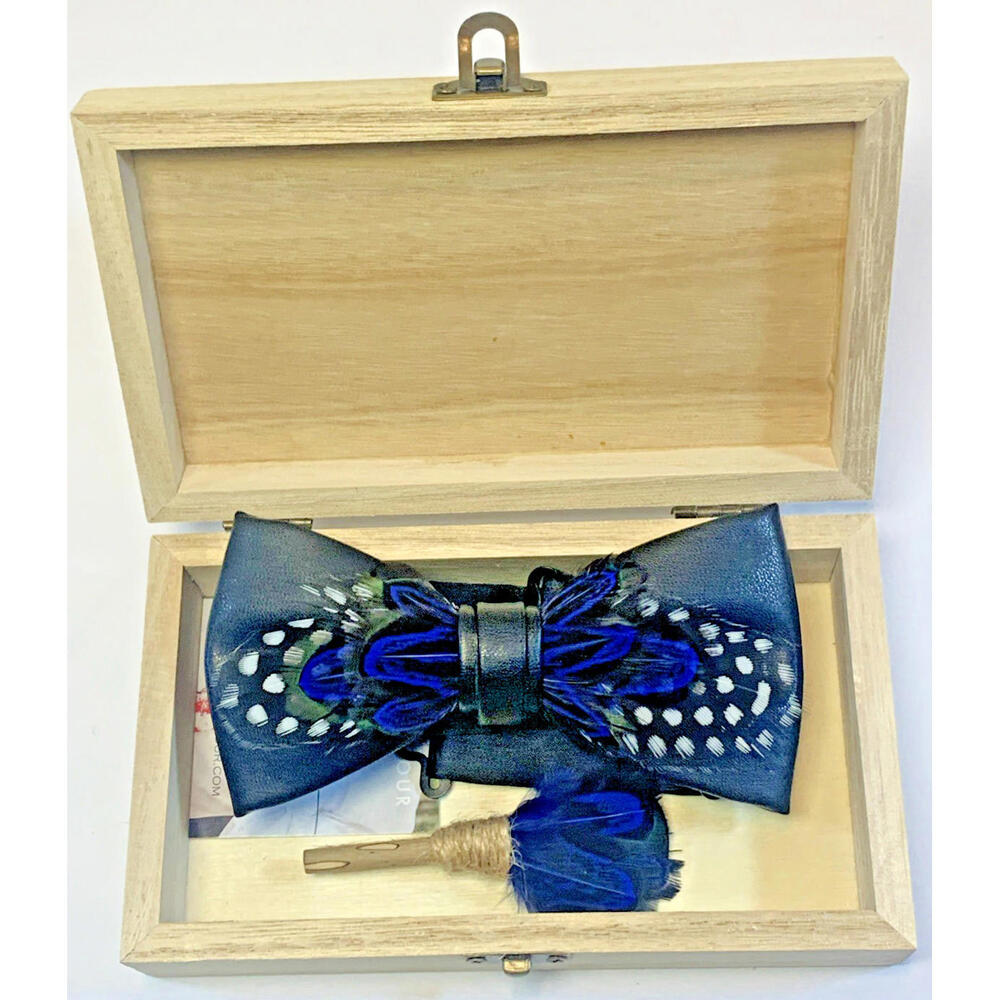 Mandujour Black Leather Peacock Feather Bow Tie and Lapel Pin Set Formal Prom